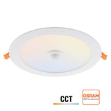 Luminaria TODO EN UNO. Downlight LED con chip led OSRAM con sensor PIR (detector de movimiento y luminosidad), selector de potencia 24W-22W-20W-18W y selector de color 2700K-3000K-4000K-5700K (4xCCT luz cálida, neutra o fría), NO Flicker (sin parpadeos).