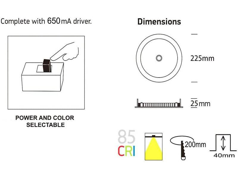 Luminaria TODO EN UNO. Downlight LED con chip led OSRAM con sensor PIR (detector de movimiento y luminosidad), selector de potencia 24W-22W-20W-18W y selector de color 2700K-3000K-4000K-5700K (4xCCT luz cálida, neutra o fría), NO Flicker (sin parpadeos).