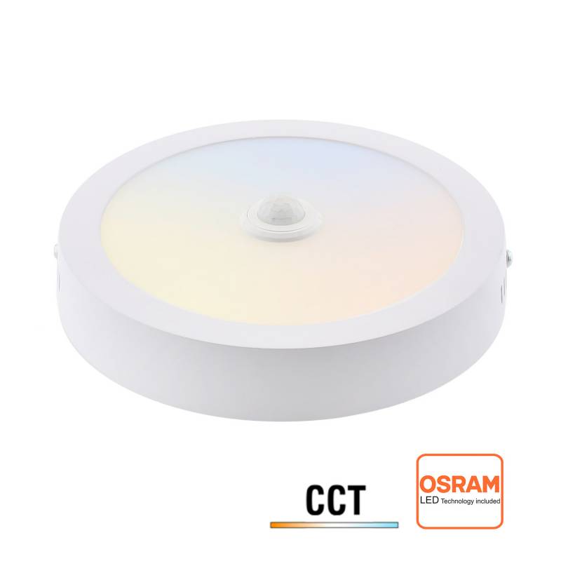 Luminaria TODO EN UNO. Downlight LED con chip led OSRAM con sensor PIR (detector de movimiento y luminosidad), selector de potencia 24W-22W-20W-18W y selector de color 3000K-4000K-6000K (3xCCT luz cálida, neutra o fría), NO Flicker (sin parpadeos).