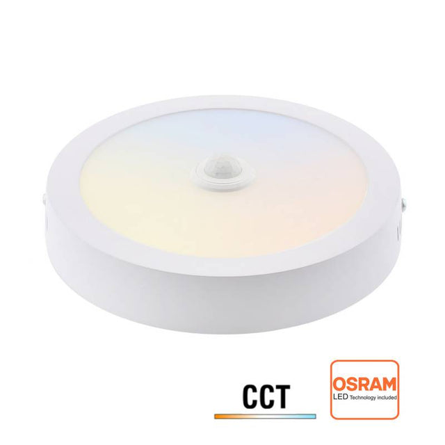 Luminaria TODO EN UNO. Downlight LED con chip led OSRAM con sensor PIR (detector de movimiento y luminosidad), selector de potencia 24W-22W-20W-18W y selector de color 3000K-4000K-6000K (3xCCT luz cálida, neutra o fría), NO Flicker (sin parpadeos).