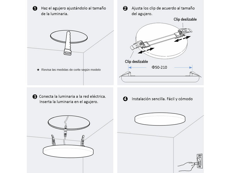 Downlight LED con nuevo diseño sin marco que ofrece máxima luminosidad y aporta un diseño limpio y elegante en cualquier ambiente. Dispone de un amplio difusor de aluminio integrado y gran ángulo de apertura. Con un nuevo sistema que permite ajustarse perfectamente al diámetro del agujero gracias a un sencillo sistema de deslizamiento de los muelles de fijación desde Ø55mm hasta Ø70mm. Proporciona iluminación general con una máxima eficiencia.