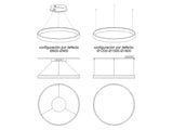 Luminaria de suspensión CCT (blanco dual 3000K-6000K) con mando a distancia que permite múltiples composiciones creativas en combinación con otras lámparas RING. Dispone de dos aros de difusión (inferior y superior) de acrílico opalizado que crea un ambiente perfecto para cualquier estancia.