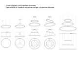 Luminaria de suspensión CCT (blanco dual 3000K-6000K) con mando a distancia que permite múltiples composiciones creativas en combinación con otras lámparas RING. Dispone de dos aros de difusión (inferior y superior) de acrílico opalizado que crea un ambiente perfecto para cualquier estancia.