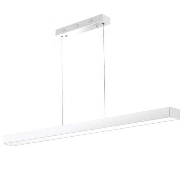 Luminaria de suspensión lineal lacado en color blanco y con una longitud de 150cm que ofrece una iluminación general que crea un ambiente perfecto para cualquier estancia. Con florón rectangular central y driver LIFUD.