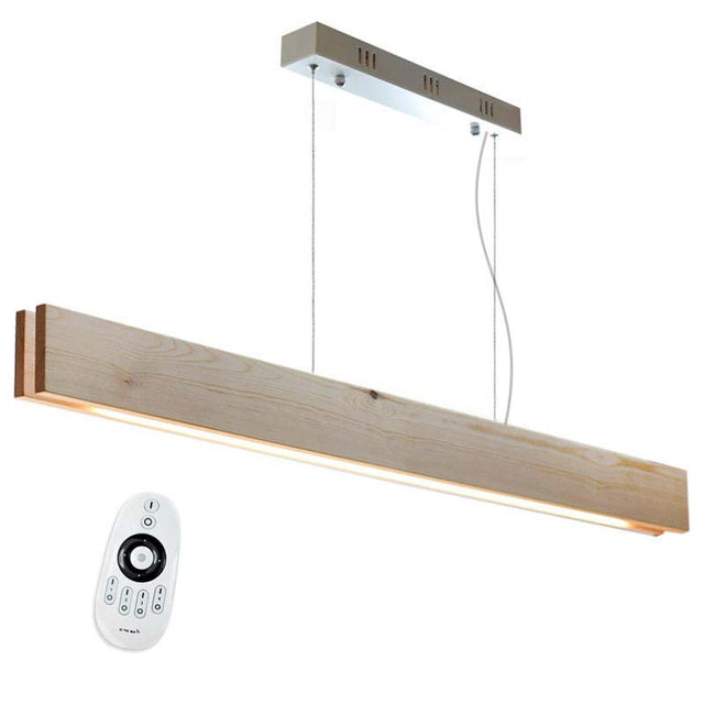 Luminaria de suspensión lineal realizada con madera y acabado natural que crea un ambiente perfecto para cualquier estancia. Incluye chip led Samsung SMD2835 de alta densidad de color blanco cálido y frío con lo que puedes seleccionar la temperatura de color e intensidad con el mando a distancia incluido.