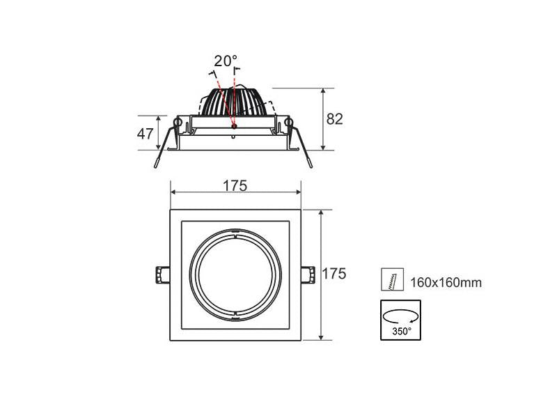 Gabinete o carcasa tipo Kardan de un foco. Empotrable totalmente orientable fabricado en aluminio y lacado en color blanco, para bombillas tipo AR111. No incluye bombilla led.