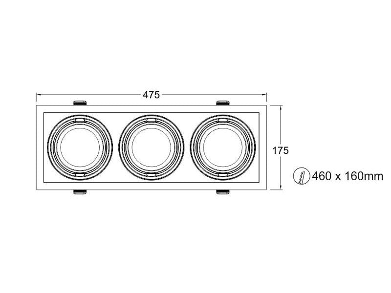 Gabinete o carcasa tipo Kardan de 3 focos. Empotrable totalmente orientable fabricado en aluminio y lacado en color blanco, para bombillas tipo AR111. No incluye bombilla led.