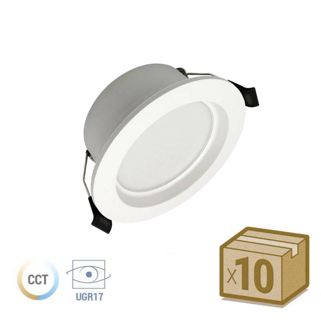 Pack  de 10 downlight led empotrables KRAMFOR CCT ideales para los proyectos con la máxima eficiencia energética. Con un acabado blanco ideal para cualquier ambiente y selector de color de luz (blanco cálido - neutro - frío) en el cuerpo de la luminaria.