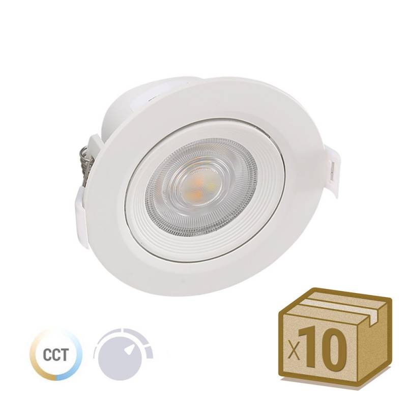 Pack que incluye 10 luminarias led empotrable con color de luz e intensidad regulable. La solución ideal para todos los proyectos de iluminación. Basculante y selector de color de luz (blanco cálido - neutro - frío) en el cuerpo de la luminaria.