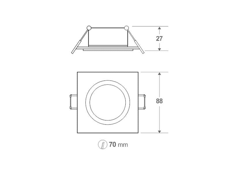 Aplique cuadrado para alojar bombilla GU10 o PAR16 de Ø50mm de diámetro. De diseño moderno y lacado en color blanco mate. Aro embellecedor cuadrado basculante para bombillas led dicroicas