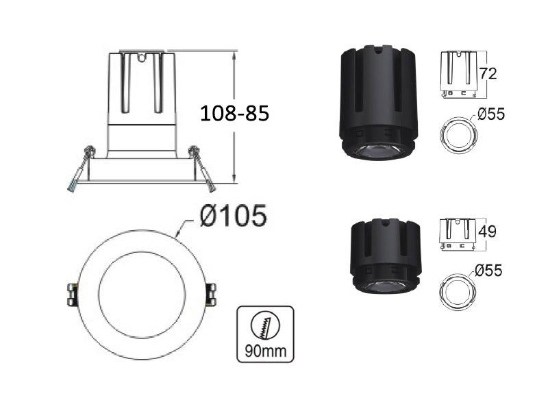 Housing compatible con el foco profesional HOTEL SPOT 9-15w de Ø55mm de diámetro. Con una gran calidad de sus materiales y acabados en lacado en color blanco mate y cristal con protección IP54 que lo hacen apto para su instalación en baños.