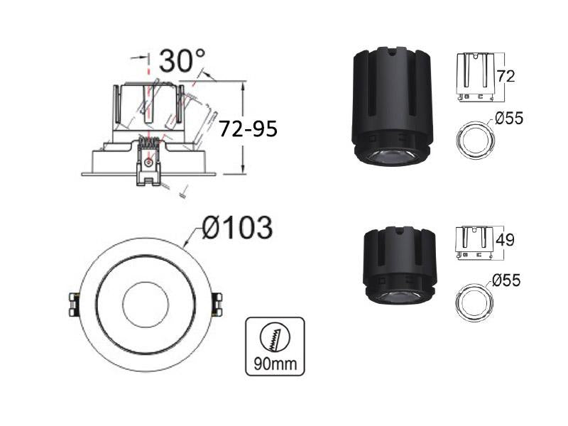 Housing compatible con el foco profesional HOTEL SPOT 9-15w de Ø55mm de diámetro. Con una gran calidad de sus materiales y acabados em lacado en color blanco mate y doble aro basculante.