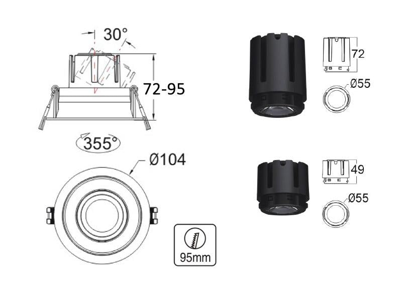 Housing compatible con el foco profesional HOTEL SPOT 9-15w de Ø55mm de diámetro. Con una gran calidad de sus materiales y acabados en lacado en color blanco mate y reflector pulido en negro titanio. Basculante. Altura 35mm para alojar el spot led.