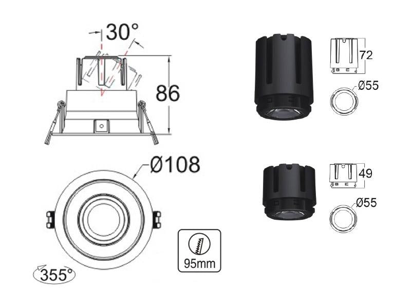 Housing compatible con el foco profesional HOTEL SPOT 9-15w de Ø55mm de diámetro. Con una gran calidad de sus materiales y acabados. Lacado en color blanco mate y reflector pulido en negro titanio. Basculante. Altura 49mm para alojar el spot led.
