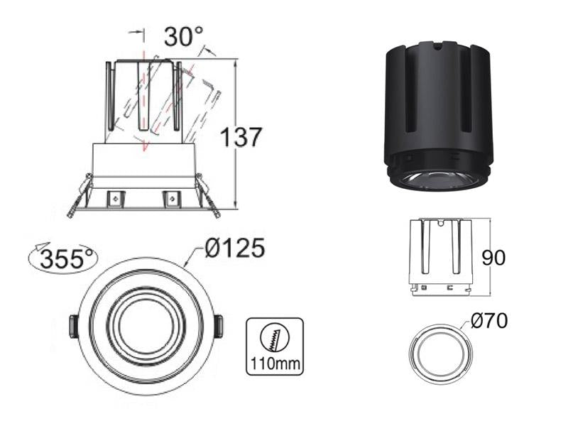 Housing compatible con el foco profesional HOTEL SPOT 24w de Ø70mm de diámetro. Con una gran calidad de sus materiales y acabados. Lacado en color blanco mate y reflector pulido en negro titanio. Basculante. Altura 61mm para alojar el spot led.