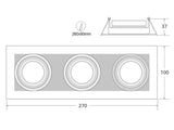 Gabinete o carcasa empotrable para alojar tres bombillas led de tipo GU10 o GX5,3, similar a los convencionales portalámparas de halógenos.