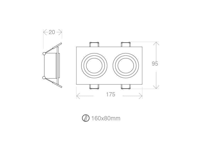 Gabinete o carcasa empotrable para alojar dos bombillas led de tipo GU10 o GX5,3, similar a los convencionales portalámparas de halógenos.