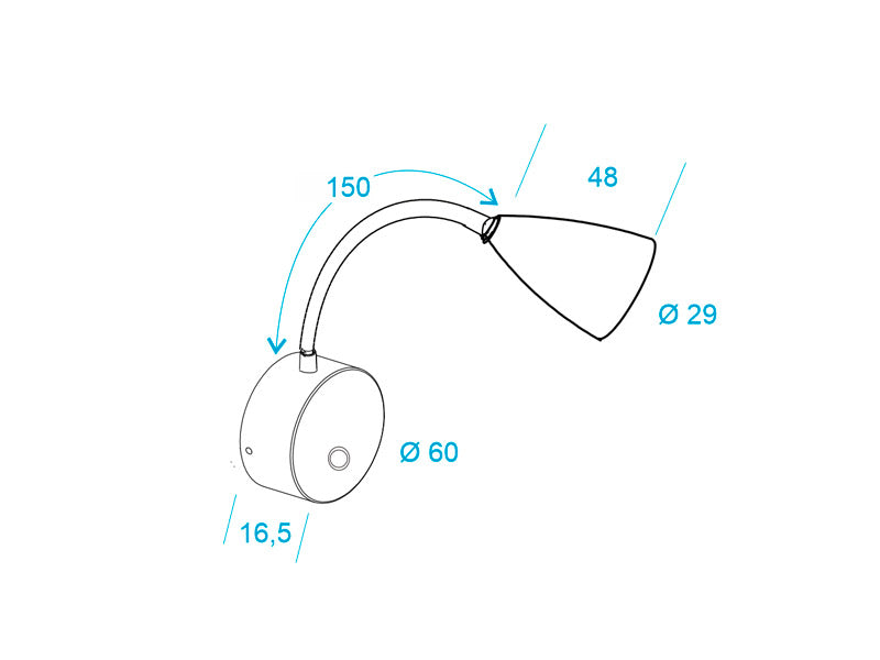 Luminaria flexible de gran calidad con interruptor táctil incorporado para su intalación en pared. Ofrece iluminación focal muy apropiado para su uso como lámpara de lectura o iluminación en vitrinas.