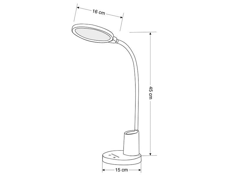 Lámpara de escritorio con botonera táctil y selector de color de luz e intensidad. Con un diseño moderno y funcional, realizado con materiales de alta calidad y chip led de alta potencia. Orientable en cualquier posición.