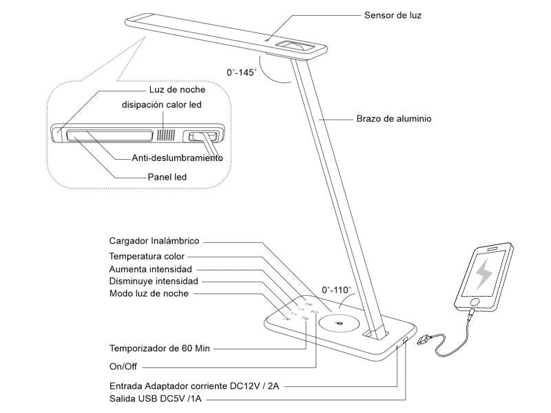 La más completa lámpara de escritorio multifunción con cargador inalámbrico IQ, botonera táctil, sensor de luz, luz de noche, temporizador y selector de temperatura de color. Con un diseño estilizado, moderno y funcional, realizado con materiales de alta calidad y chip led Samsung de de alta potencia. Flujo luminoso de 450lm.