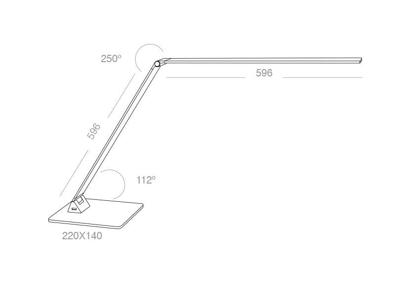 Lámpara de escritorio, flexo Led, de grandes dimensiones con dos brazos articulados y luminaria led de LG de alta potencia, conector USB para carga de dispositivos integrado en la base. Con un diseño estilizado, moderno y funcional, realizado con materiales de la más alta calidad en acero y aluminio. su brazo flexible permite dirigir su haz de luz en cualquier dirección.