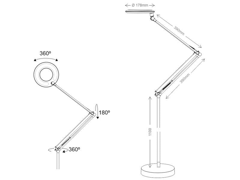 Lámpara led de pie con brazo articulado que permite dirigir su haz de luz en cualquier dirección. Control táctil con selector de intensidad. Con un diseño clásico y funcional. Realizado con materiales de alta calidad.  