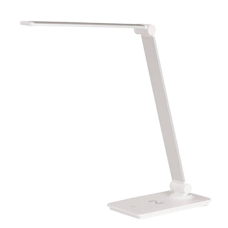 Lámpara de escritorio de brazo abatible y luminaria led de de alta potencia, botonera táctil con selector de intensidad. Con un diseño estilizado, moderno y funcional, realizado con materiales de alta calidad, su brazo articulado permite dirigir su haz de luz en cualquier dirección. Incorpora cargador inalámbrico IQ en la base. 