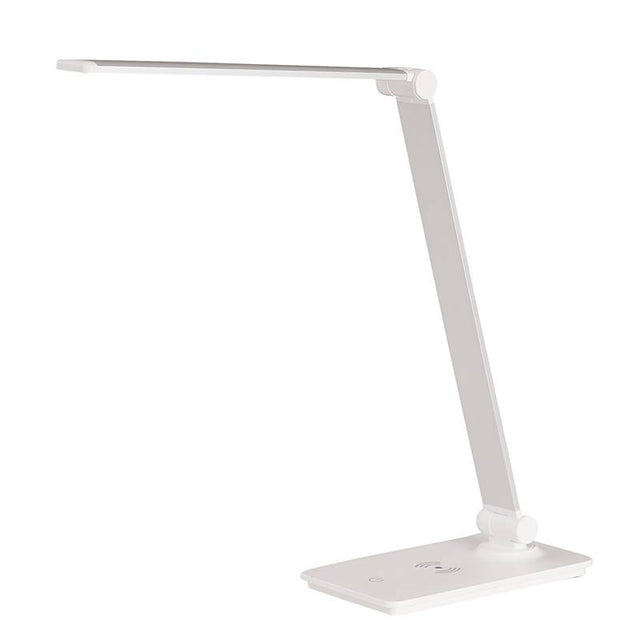 Lámpara de escritorio de brazo abatible y luminaria led de de alta potencia, botonera táctil con selector de intensidad. Con un diseño estilizado, moderno y funcional, realizado con materiales de alta calidad, su brazo articulado permite dirigir su haz de luz en cualquier dirección. Incorpora cargador inalámbrico IQ en la base. 