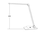 Lámpara de escritorio de brazo abatible y luminaria led de de alta potencia, botonera táctil con selector de intensidad. Con un diseño estilizado, moderno y funcional, realizado con materiales de alta calidad, su brazo articulado permite dirigir su haz de luz en cualquier dirección. Incorpora cargador inalámbrico IQ en la base. 