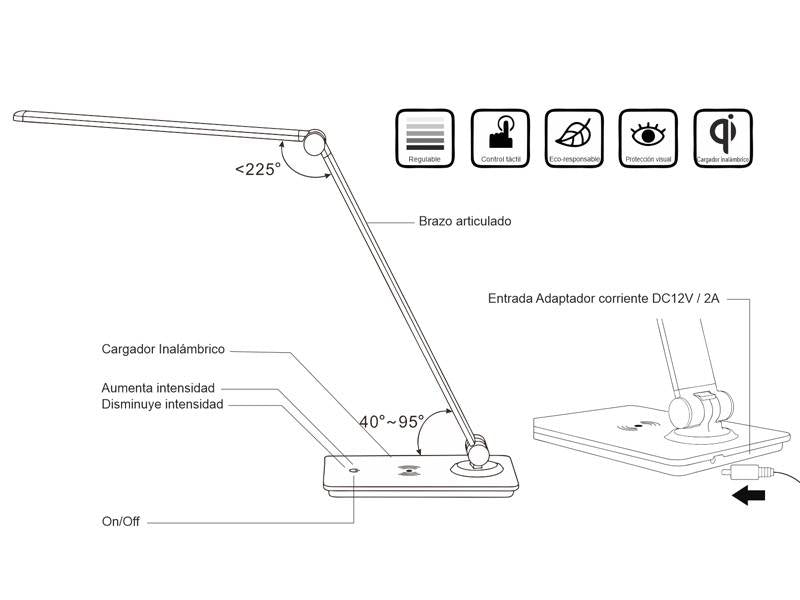 Lámpara de escritorio de brazo abatible y luminaria led de de alta potencia, botonera táctil con selector de intensidad. Con un diseño estilizado, moderno y funcional, realizado con materiales de alta calidad, su brazo articulado permite dirigir su haz de luz en cualquier dirección. Incorpora cargador inalámbrico IQ en la base. 