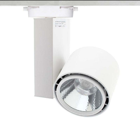 Proyector para carril led con conector monofásico de calidad profesional con chip led CREE y driver certificado TUV con cuerpo en aluminio y lacado en color blanco mate, incluye conector a carril. Indicado para todo tipo de iluminación técnica, Uso comercial y profesional, oficinas, salas de exposiciones, etc.