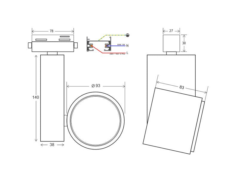 Proyector para carril led con conector monofásico de calidad profesional con chip led CREE y driver certificado TUV con cuerpo en aluminio y lacado en color blanco mate, incluye conector a carril. Indicado para todo tipo de iluminación técnica, Uso comercial y profesional, oficinas, salas de exposiciones, etc.