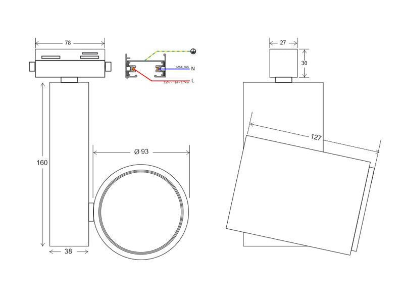 Proyector para carril led con conector monofásico, de calidad profesional con chip led CITIZEN y driver certificado TUV con cuerpo en aluminio y lacado en color blanco mate, incluye conector a carril. Indicado para todo tipo de iluminación técnica, Uso comercial y profesional, oficinas, salas de exposiciones, etc.