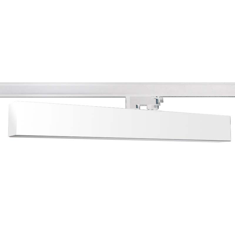 Proyector lineal para carril led con conector monofásico, orientable en todas direcciones y fabricación de alta calidad en aluminio y lacado en color blanco, incluye conector carril y driver TRIDONIC. Indicado para todo tipo de iluminación técnica, Uso comercial y profesional, oficinas, salas de exposiciones, etc.