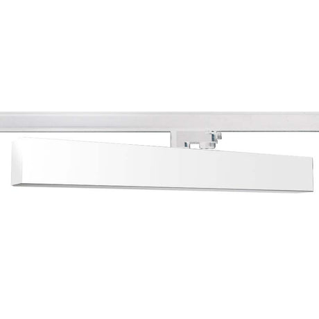 Proyector lineal para carril led con conector monofásico, orientable en todas direcciones y fabricación de alta calidad en aluminio y lacado en color blanco, incluye conector carril y driver TRIDONIC. Indicado para todo tipo de iluminación técnica, Uso comercial y profesional, oficinas, salas de exposiciones, etc.