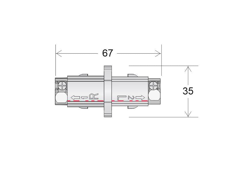 Conector lineal para unir y alimentar eléctricamente dos tramos de carril trifásico.