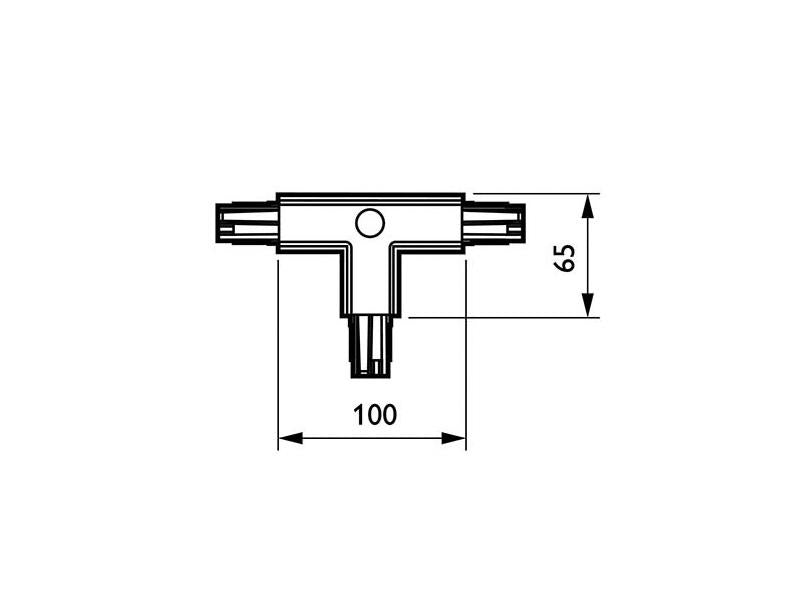 Conector en forma de T para unir y alimentar eléctricamente dos tramos de carril.