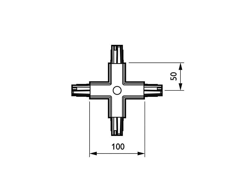 Conector en forma de X para unir y alimentar eléctricamente dos tramos de carril.