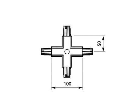 Conector en forma de X para unir y alimentar eléctricamente dos tramos de carril.