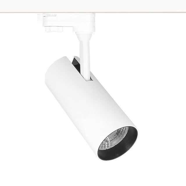 Foco para carril led con conector monofásico de calidad profesional con chip led OSRAM y driver certificado TUV con cuerpo en aluminio y lacado en color blanco mate, incluye conector a carril. CRI >90 que proporciona una luz espectacular.