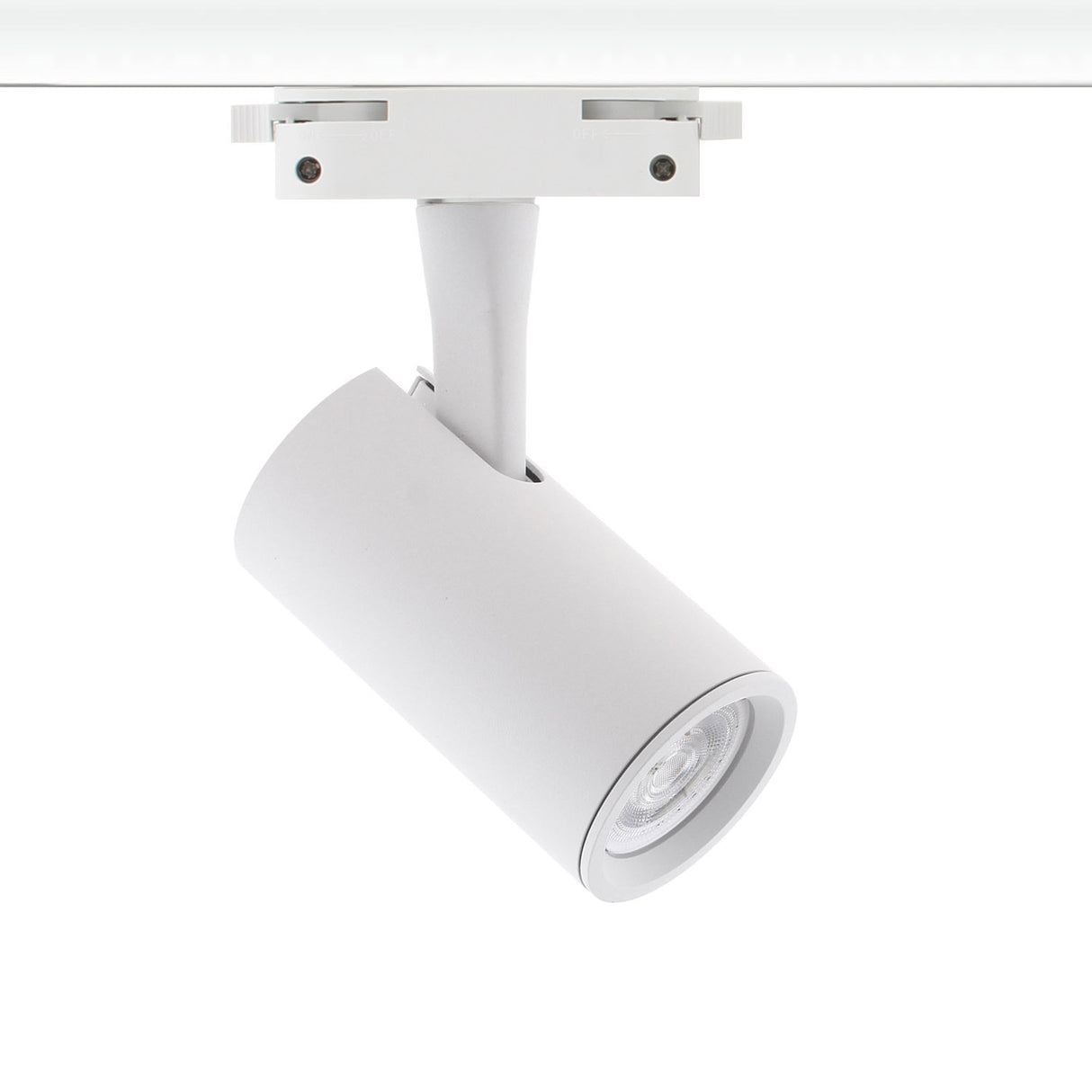 Foco para carril led de reducidas dimensiones con conector monofásico, orientable en todas direcciones y fabricación de alta calidad en aluminio y lacado en color blanco mate, incluye conector carril. Indicado para todo tipo de iluminación técnica, Uso comercial y profesional, oficinas, salas de exposiciones, etc.