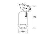 Foco para carril led de reducidas dimensiones con conector monofásico, orientable en todas direcciones y fabricación de alta calidad en aluminio y lacado en color blanco mate, incluye conector carril. Indicado para todo tipo de iluminación técnica, Uso comercial y profesional, oficinas, salas de exposiciones, etc.