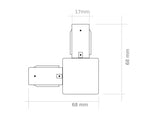 Conector de 90 grados para unir y alimentar electricamente dos tramos de carril monofásico.