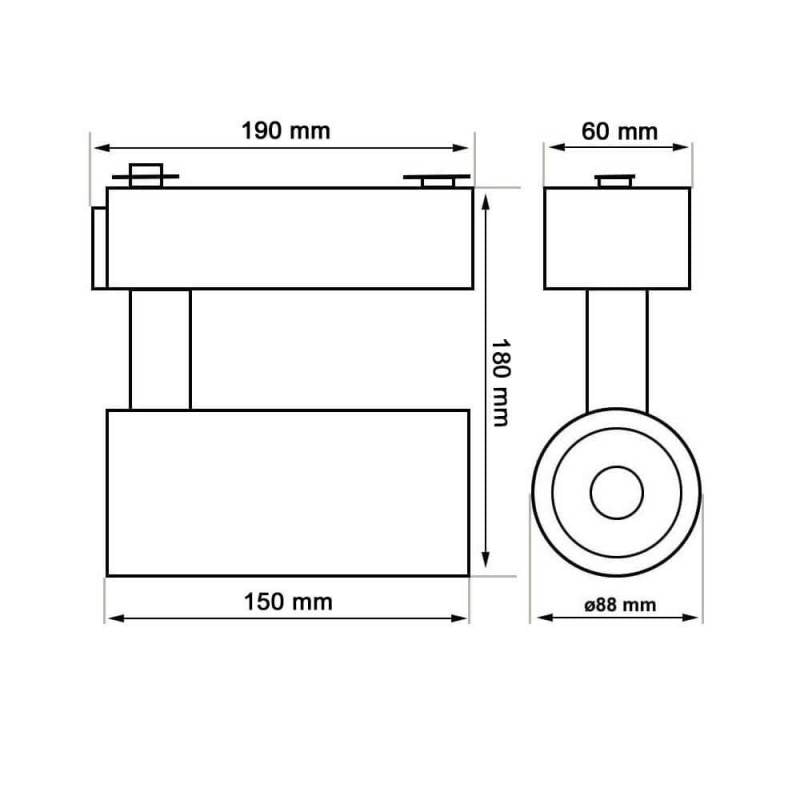 Proyector para carril led con conector monofásico, orientable en todas direcciones y fabricación de alta calidad en aluminio y lacado en color blanco mate, incluye conector carril monofónico. Indicado para todo tipo de iluminación técnica, Uso comercial y profesional, oficinas, salas de exposiciones, etc. Con chip led Bridgelux y CRI>90