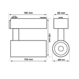 Proyector para carril led con conector monofásico, orientable en todas direcciones y fabricación de alta calidad en aluminio y lacado en color blanco mate, incluye conector carril monofónico. Indicado para todo tipo de iluminación técnica, Uso comercial y profesional, oficinas, salas de exposiciones, etc. Con chip led Bridgelux y CRI>90