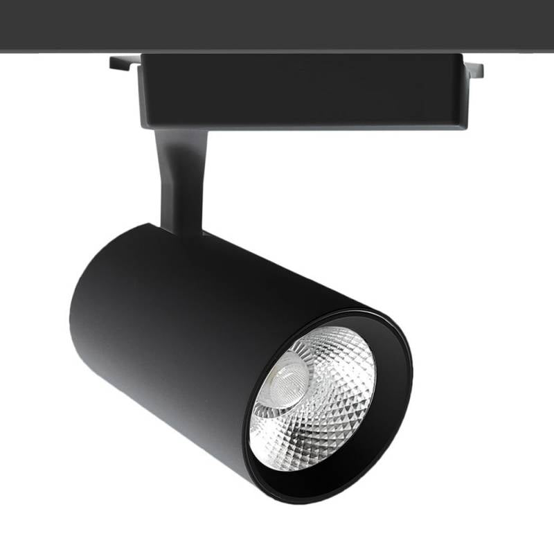 Proyector para carril led con conector monofásico, orientable en todas direcciones y fabricación de alta calidad en aluminio y lacado en color negro mate, incluye conector carril monofónico. Indicado para todo tipo de iluminación técnica, Uso comercial y profesional, oficinas, salas de exposiciones, etc. Con chip led Bridgelux y CRI>90