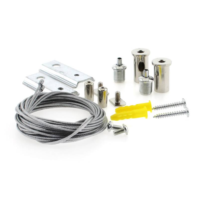 Kit que incluye 2 cables de suspensión de 2 metros y sus accesorios de conexión para suspender el carril magnético.