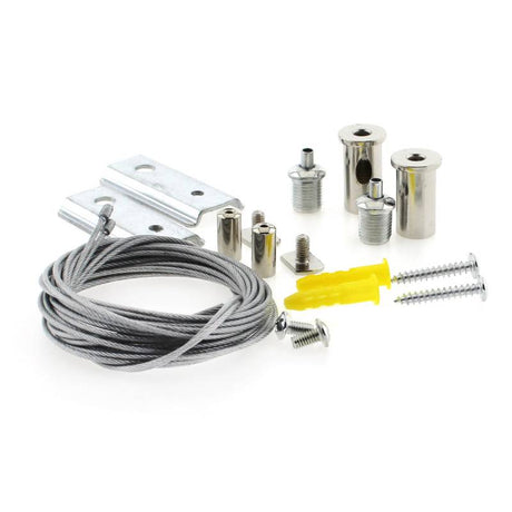 Kit que incluye 2 cables de suspensión de 2 metros y sus accesorios de conexión para suspender el carril magnético.