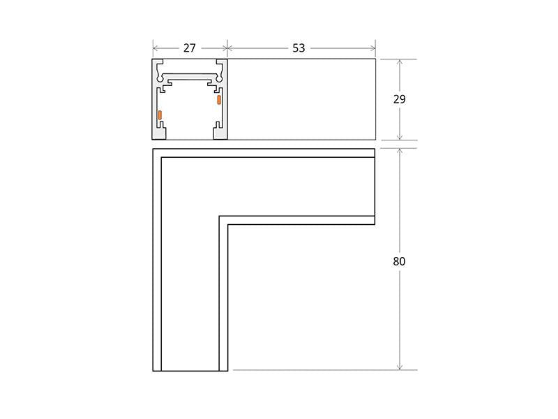Pieza en forma de L para conectar dos tramos de carril magnético superficie de 16mm.