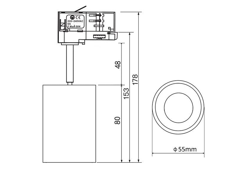 Foco de carril con conector Trifásico y selector de 5 temperaturas de color 2000-3000-4000-5000-6000K (todo en uno). Intensidad regulable por Triac. Indicado para todo tipo de iluminación técnica. Con un nuevo sistema de disipación térmica para alargar la vida del foco.